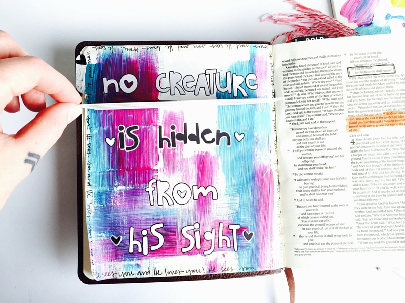 Are you trying to hide from God? Mixed media art journaling Bible page by Tawni Sattler | Genesis 3:10