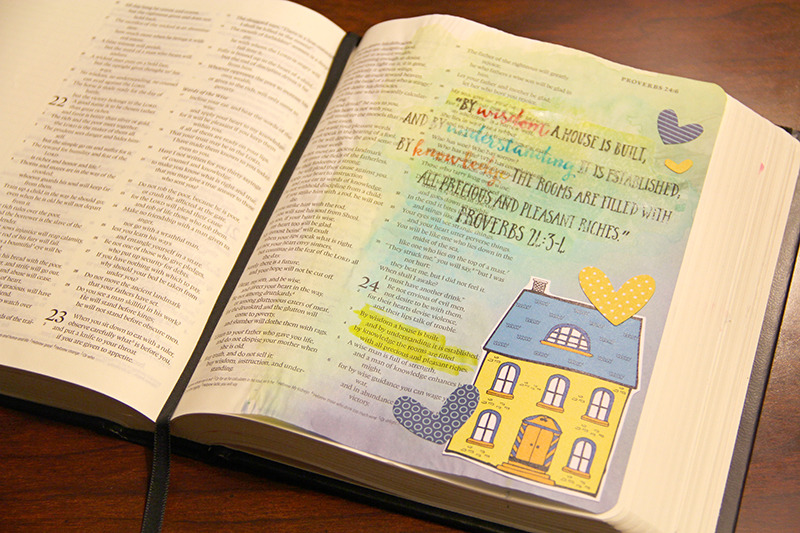 mixed media hybrid art journaling Bible entry by Allie Trumpower using printables she designed for Illustrated Faith