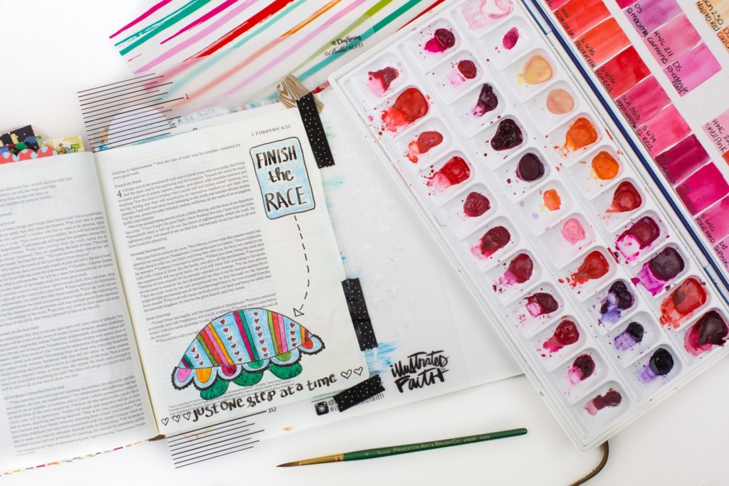 step by step drawing and watercolor process and tutorial for creating this tutorial and drawing inspiration from the She Blooms collection | Finish The Race - 2 Timothy 4:6 by Amy Bruce