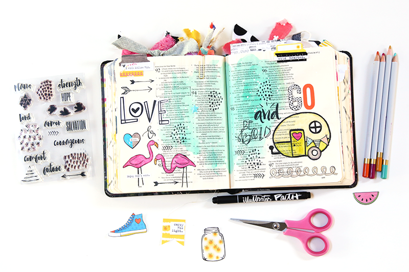 mixed media, watercolor, hybrid art journaling Bible page by Gina Lideros