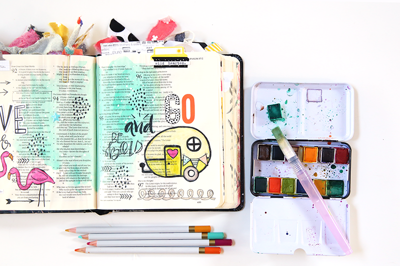 mixed media, watercolor, hybrid art journaling Bible page by Gina Lideros