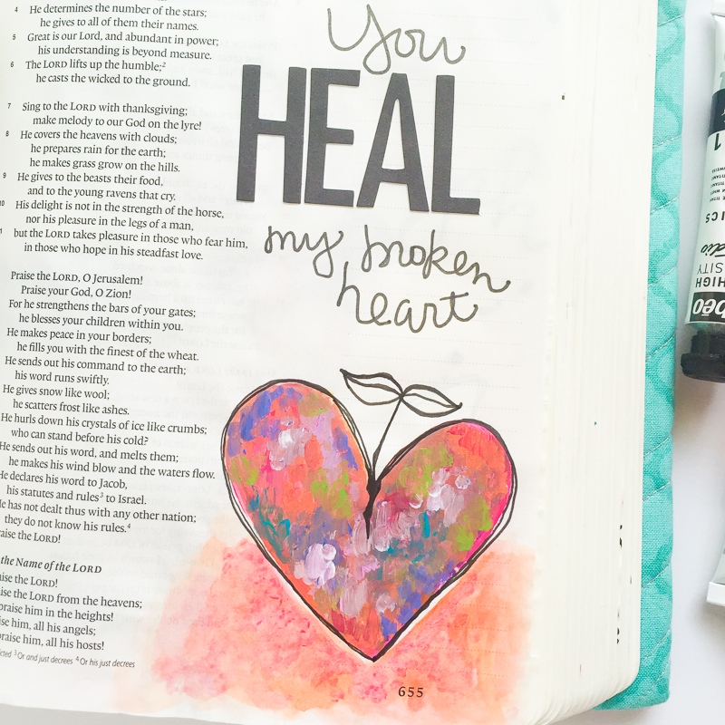 mixed media art journaling Bible | illustration | acrylic paint | hand lettering | Psalm 147 | Bekah Blankenship
