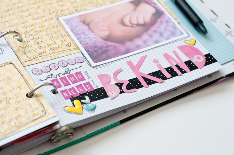 scrapbooking letters and scripture to Jess' daughter | Praise Book and Baby Scrapbook | Cinderella movie's quote "Have Courage and Be Kind"