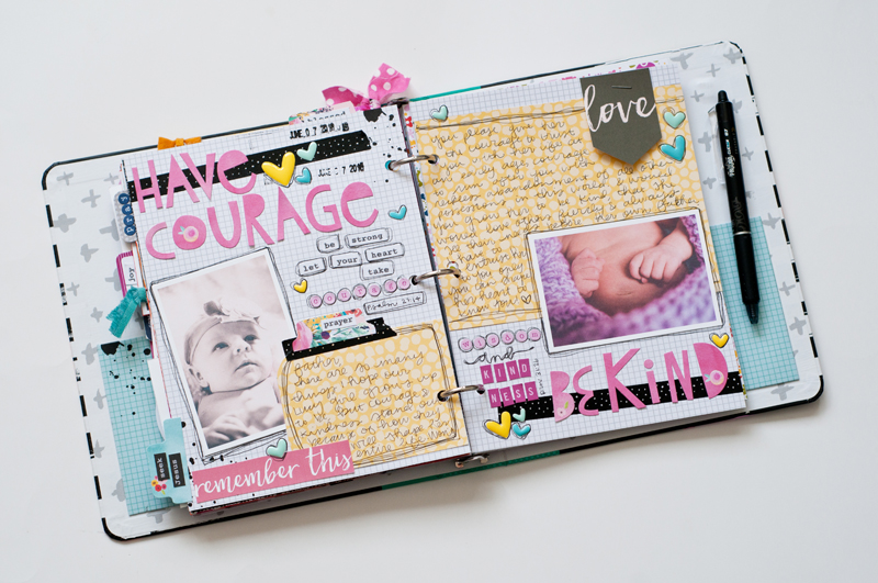 scrapbooking letters and scripture to Jess' daughter | Praise Book and Baby Scrapbook | Cinderella movie's quote "Have Courage and Be Kind"