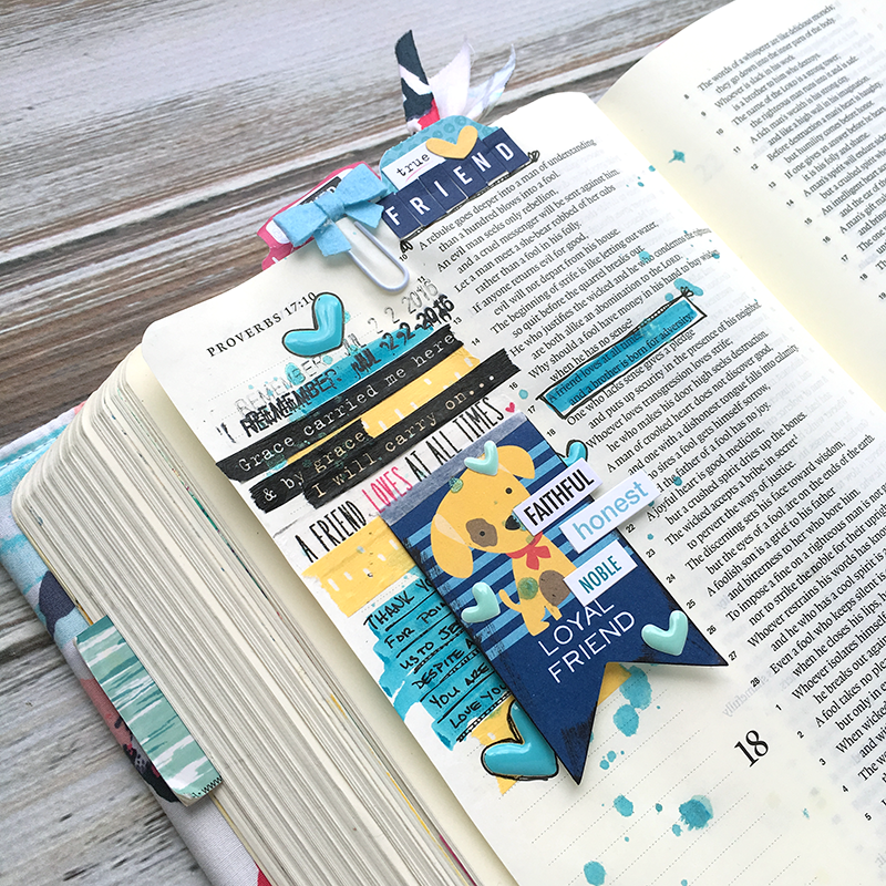 mixed media art journaling Bible entry by Heather Greenwood | Proverbs 17:17 | tribute to loyal friend