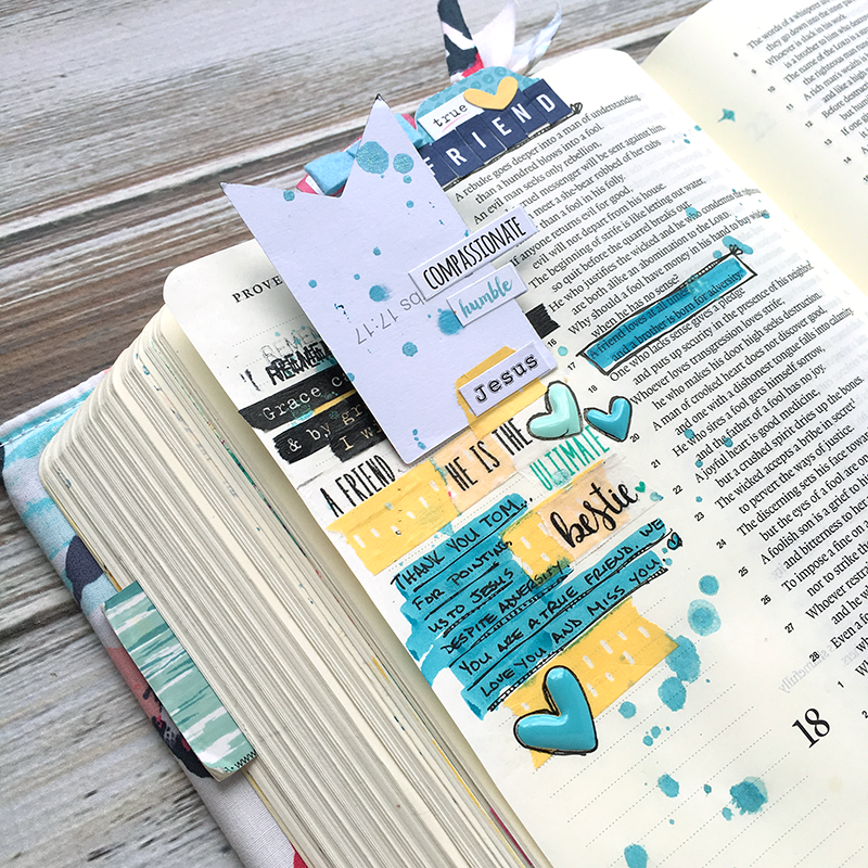 mixed media art journaling Bible entry by Heather Greenwood | Proverbs 17:17 | tribute to loyal friend
