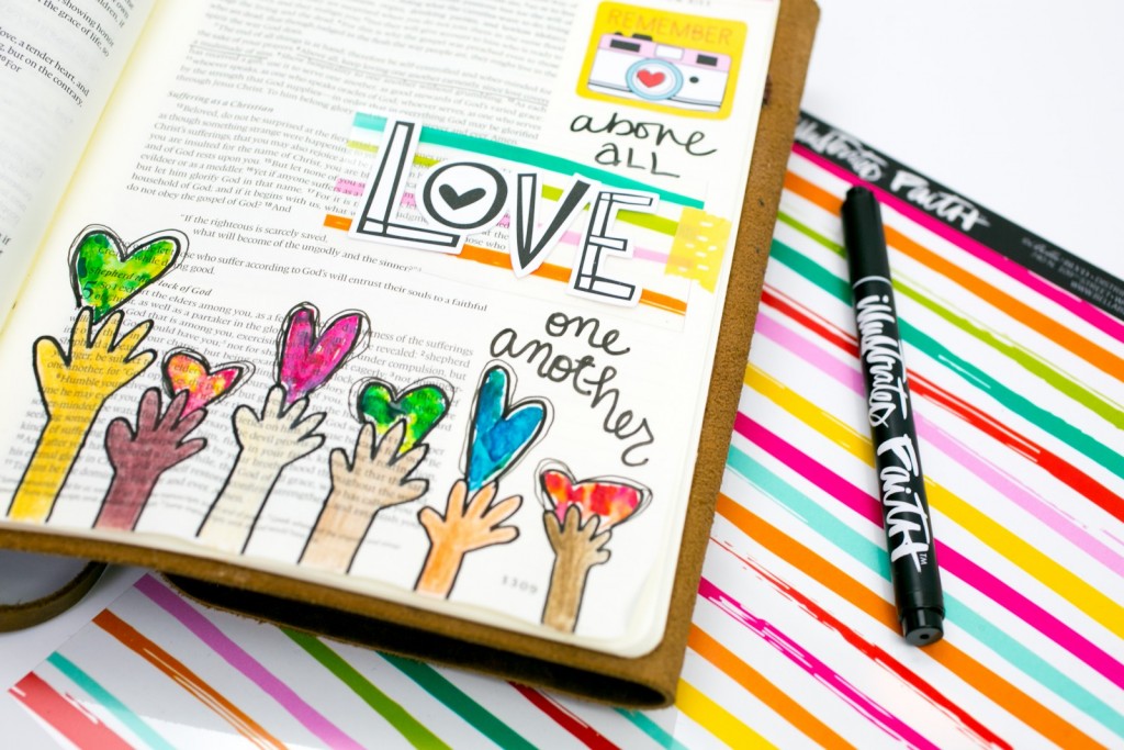 mixed media art journaling Bible entry by Amy Bruce | Above All, Love One Another - 1 Peter 5:8