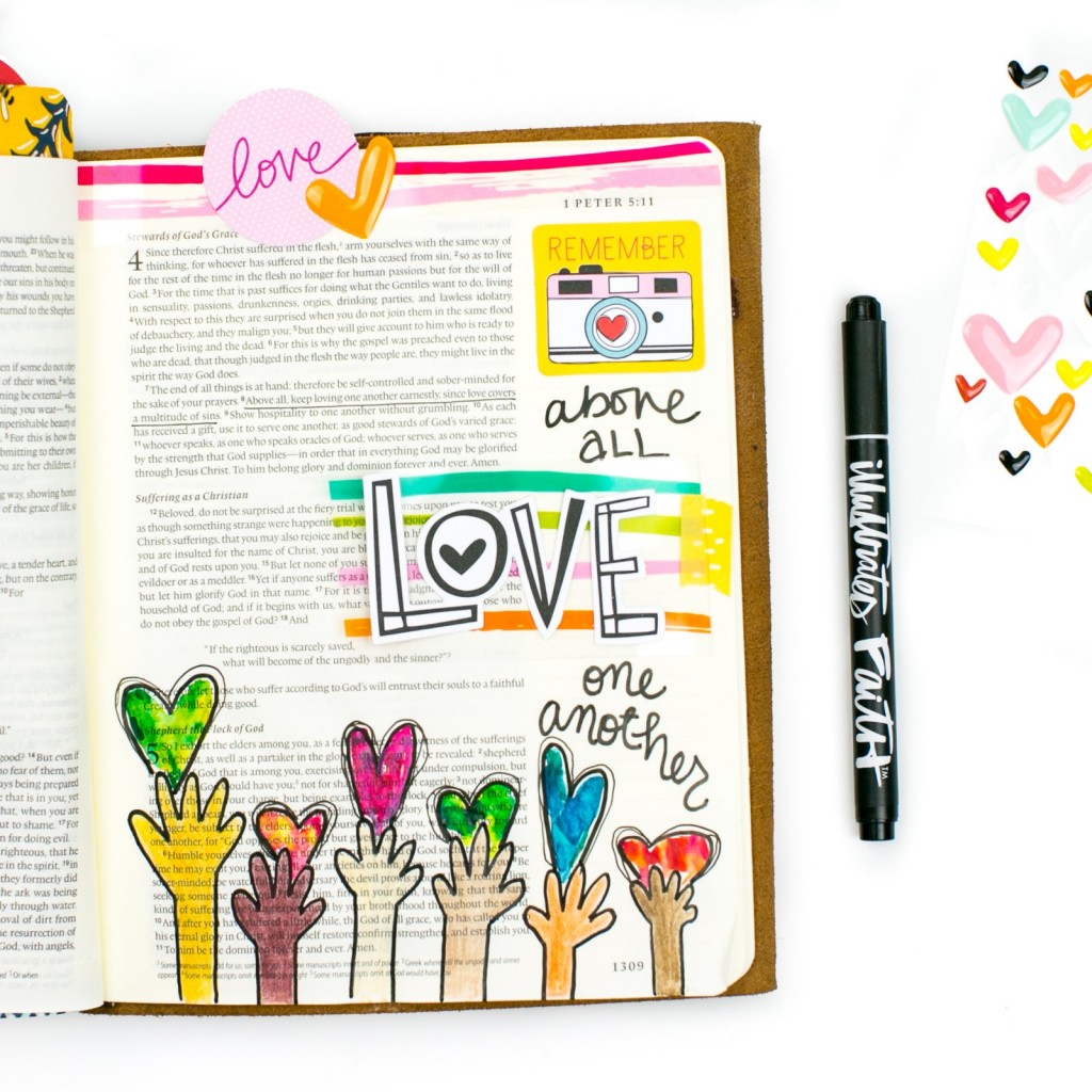 mixed media art journaling Bible entry by Amy Bruce | Above All, Love One Another - 1 Peter 5:8
