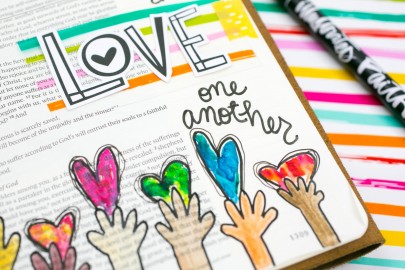 mixed media art journaling Bible entry by Amy Bruce | Above All, Love One Another - 1 Peter 5:8