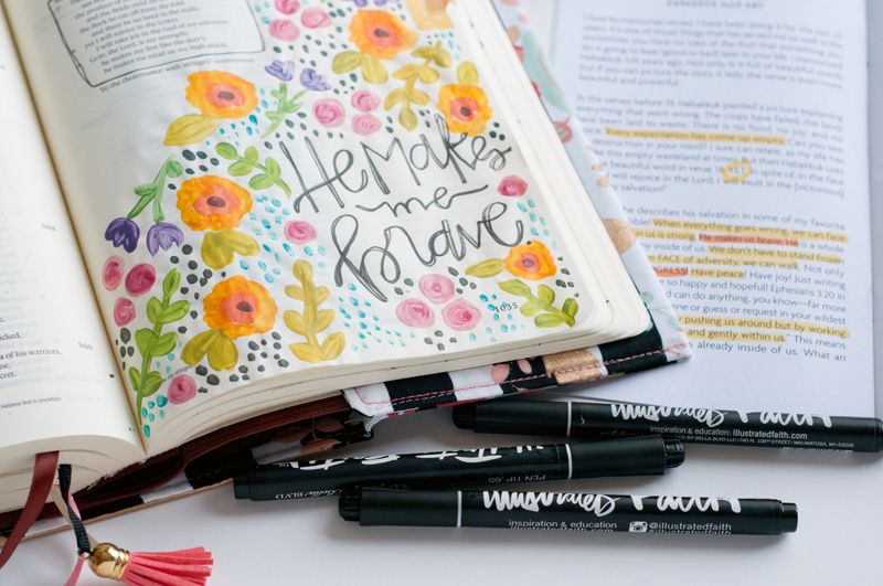 mixed media art journaling bible entry by Jess Robyn | He Makes Me Brave | I Am Strong devotional featuring Wilna Furstenberg