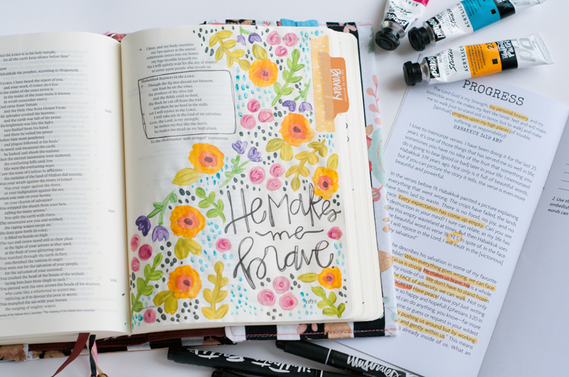 mixed media art journaling bible entry by Jess Robyn | He Makes Me Brave | I Am Strong devotional featuring Wilna Furstenberg