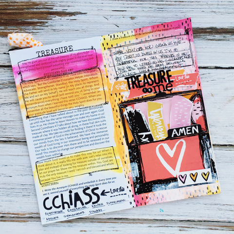 journaling notebook, treasure chest pocket, stamping, Holy Spirit, mixed media | Treasure In Me devotional entry by Heather Greenwood | I Am Strong devotional by Wilna Furstenberg