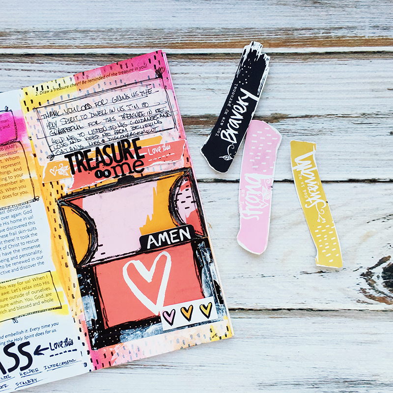 journaling notebook, treasure chest pocket, stamping, Holy Spirit, mixed media | Treasure In Me devotional entry by Heather Greenwood | I Am Strong devotional by Wilna Furstenberg