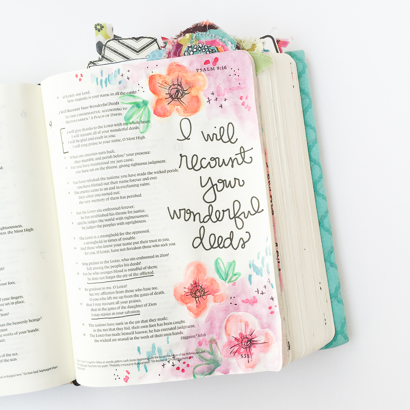 watercolor flowers handlettering Bible journaling entry by Bekah Blankenship | Thankful | Recounting | Psalm 9