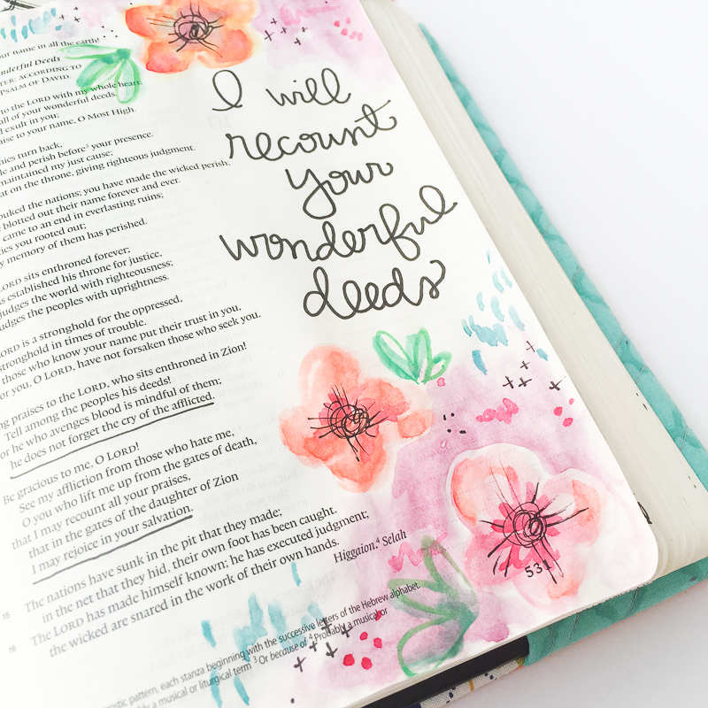 watercolor flowers handlettering Bible journaling entry by Bekah Blankenship | Thankful | Recounting | Psalm 9