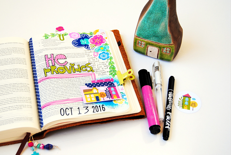 mixed media Bible journaling by Elaine Davis | anxiety | He provides - Matthew 6:25-34