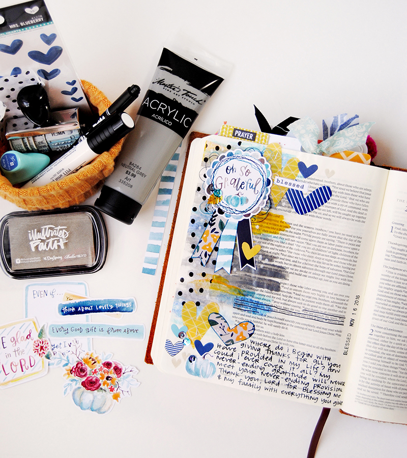 hybrid mixed media art journaling Bible entry by Elaine Davis | Thanksgiving Gratitude