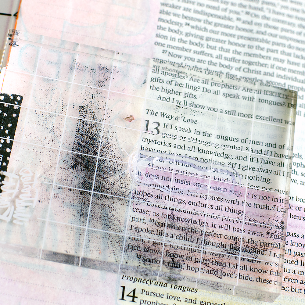 mixed media tutorial clear embossing stamp resist watercolor by Heather Greenwood | 1 Corinthians 13 Bible Journaling