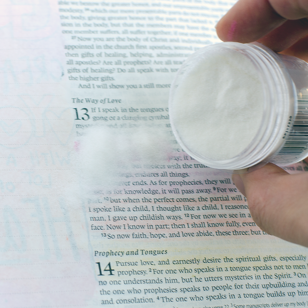 mixed media tutorial clear embossing stamp resist watercolor by Heather Greenwood | 1 Corinthians 13 Bible Journaling