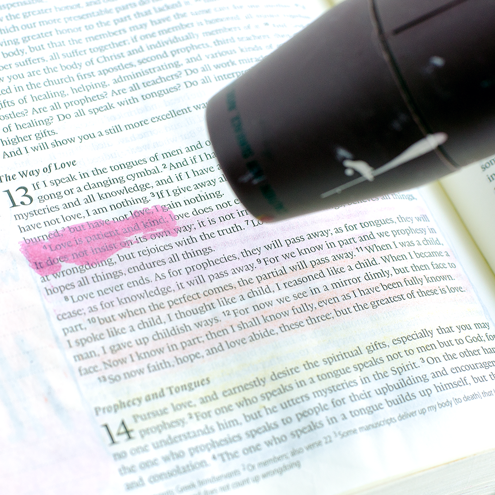 mixed media tutorial clear embossing stamp resist watercolor by Heather Greenwood | 1 Corinthians 13 Bible Journaling