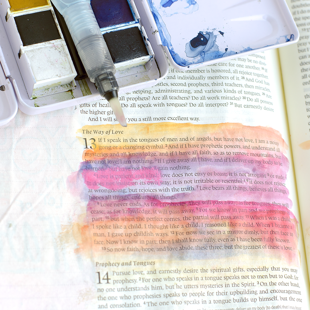 mixed media tutorial clear embossing stamp resist watercolor by Heather Greenwood | 1 Corinthians 13 Bible Journaling