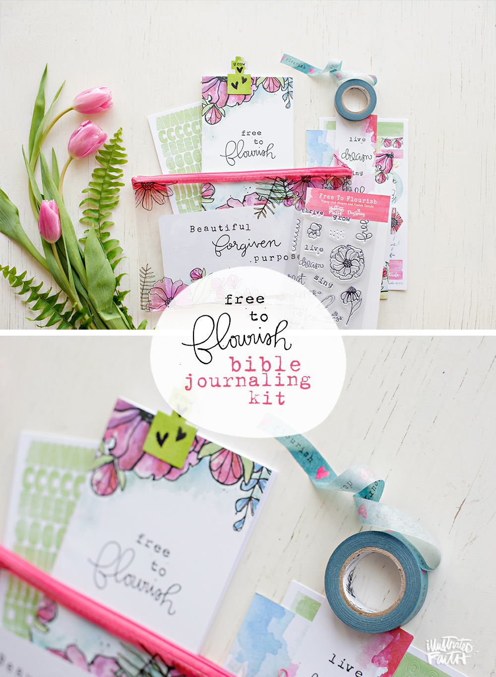 Illustrated Faith and Dayspring Free to Flourish Bible journaling devotional kit written by Bekah Blankenship and mixed media process video by Shanna Noel
