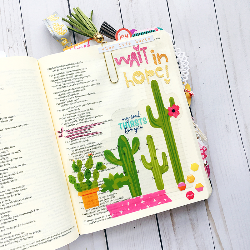 Worth the Wait Bible Journaling entry by Bailey Jean Robert | Wait with Hope | cactus, hexies, homespun alpha, transparency
