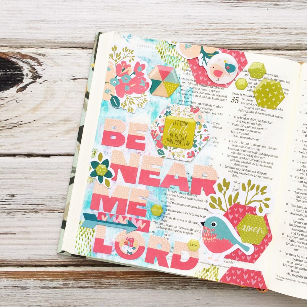 mixed media Bible art journaling entry Psalm 34:18 - Be near the broken hearted by Heather Greenwood