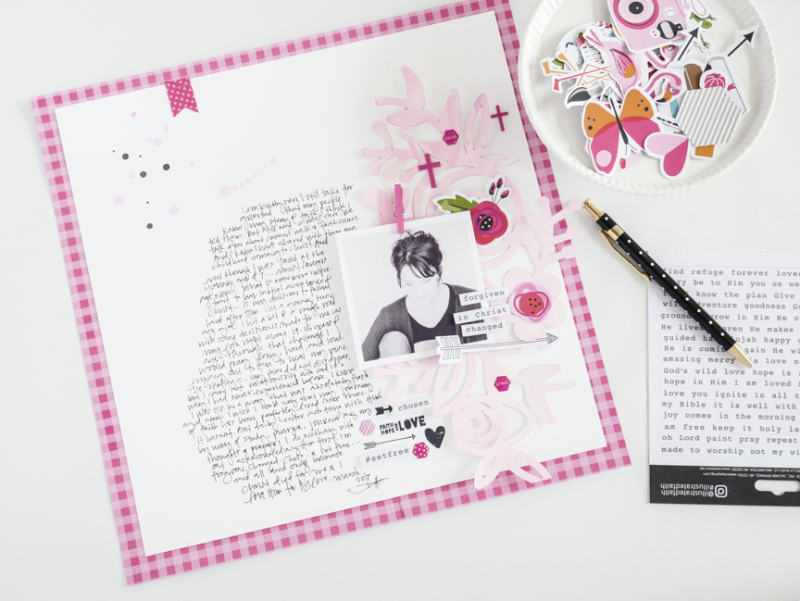 scrapbook layout by Jamie Pate documenting her faith using the Illustrated Faith by Bella Blvd Basics Collection