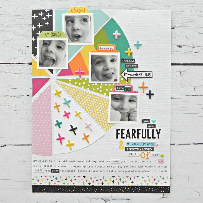 pie chart scrapbook layout by Stephanie Buice using the Illustrated Faith by Bella Blvd Basics Collection