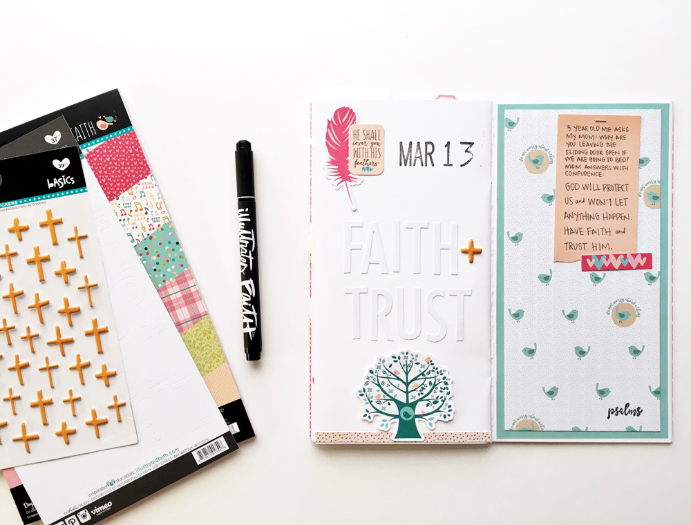 traveler's notebook scrapbook entry by Andrea Gray | Memory Keeping: Faith Edition | Psalm 91:4 | Illustrated Faith by Bella Blvd Seeds of Faith