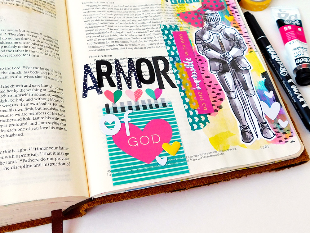 mixed media hybrid Bible journaling entry by Elaine Davis | Put a Bow on Your Armor of God | Ephesians 6:13-18