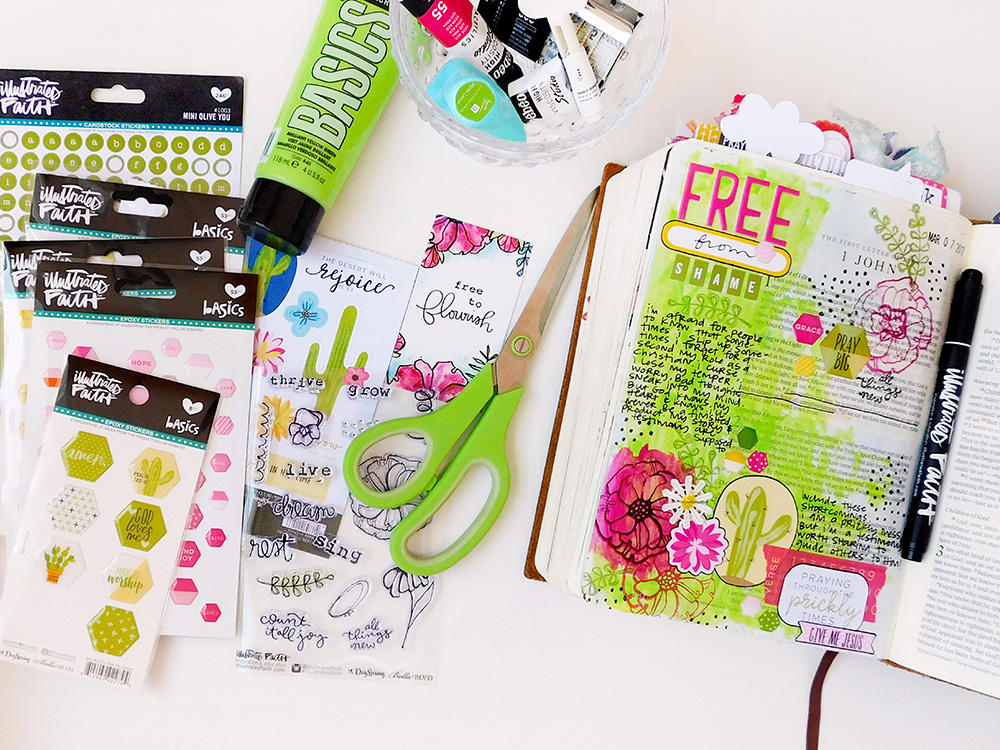 mixed media art journaling Bible entry by Elaine Davis | Fighting Through the Prickles & Shaking Shame | Illustrated Faith Free To Flourish Devotional by Bekah Blankenship