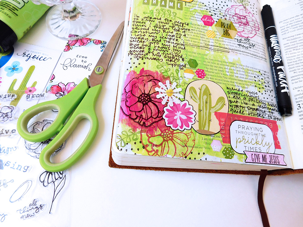 mixed media art journaling Bible entry by Elaine Davis | Fighting Through the Prickles & Shaking Shame | Illustrated Faith Free To Flourish Devotional by Bekah Blankenship