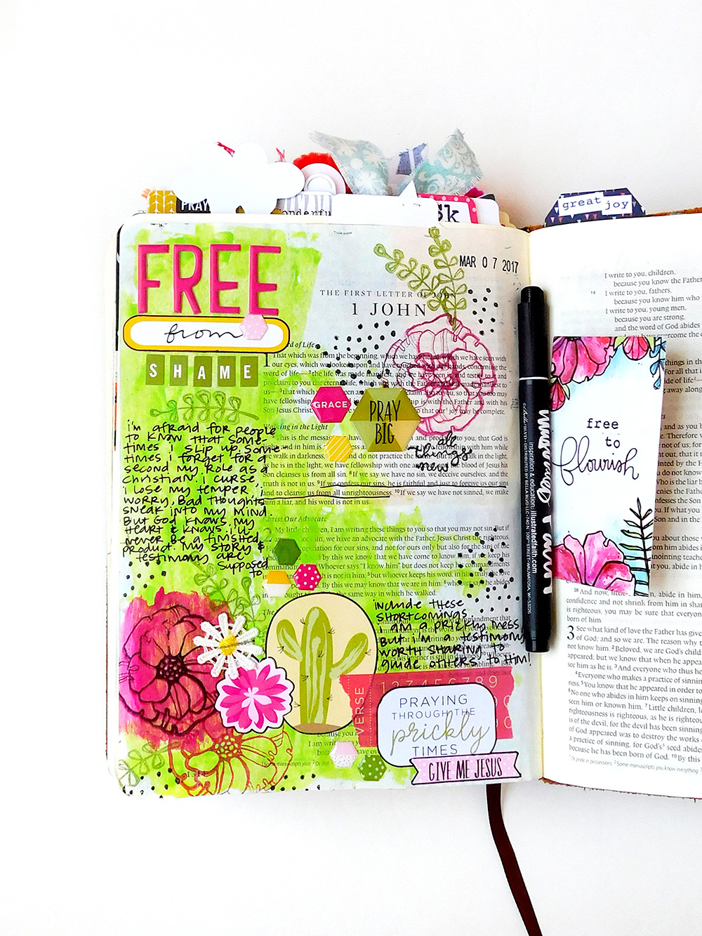 mixed media art journaling Bible entry by Elaine Davis | Fighting Through the Prickles & Shaking Shame | Illustrated Faith Free To Flourish Devotional by Bekah Blankenship