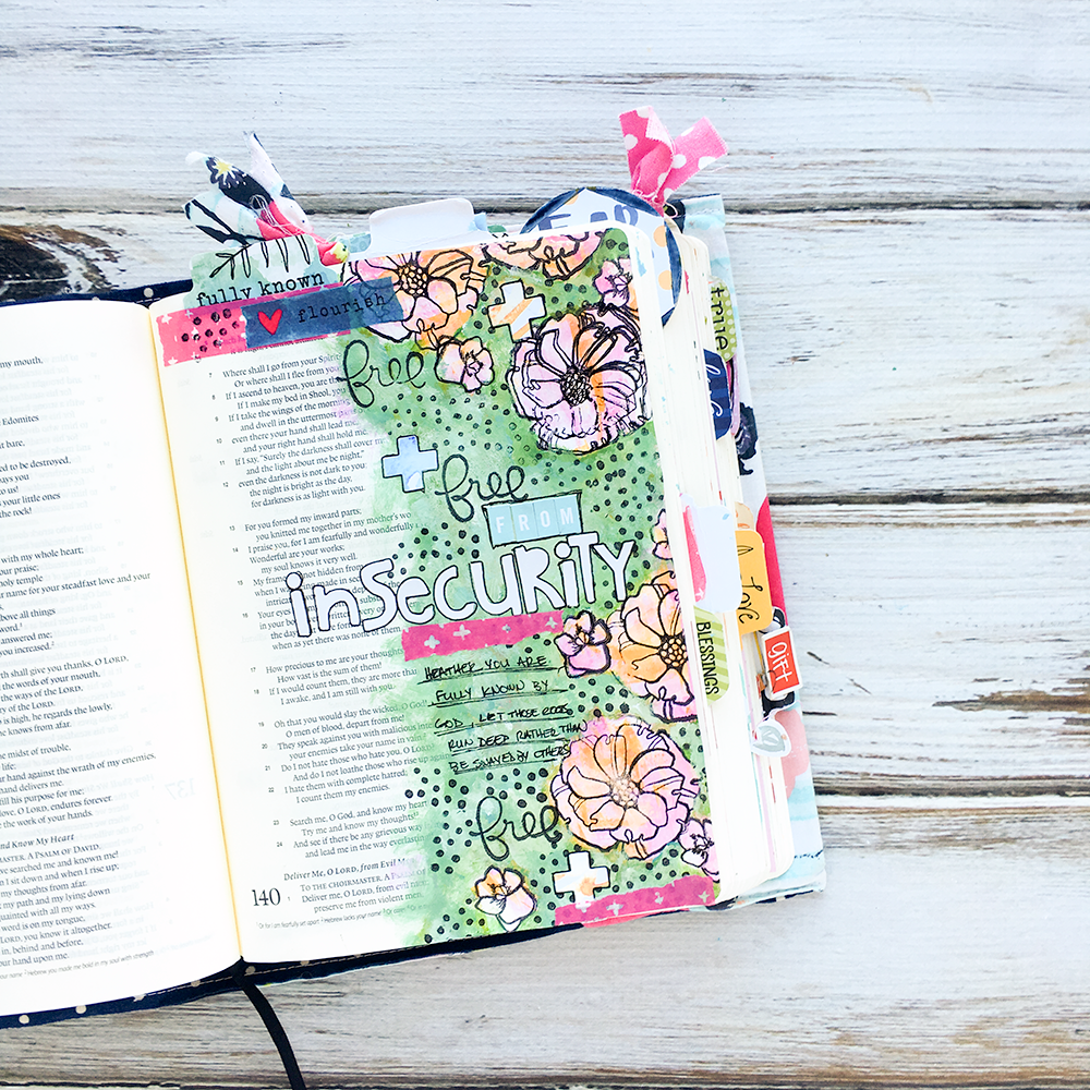 mixed media bible journaling tutorial painterly layers by Heather Greenwood | Illustrated Faith Free to Flourish Devotional - Free From Insecurity
