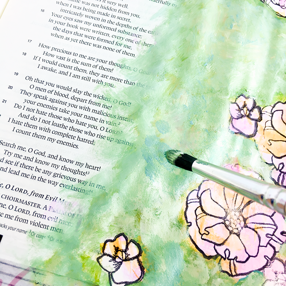 mixed media bible journaling tutorial painterly layers by Heather Greenwood | Illustrated Faith Free to Flourish Devotional - Free From Insecurity