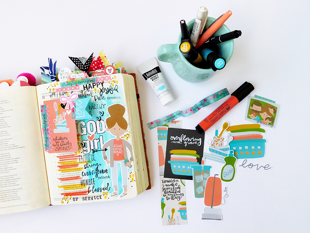 hybrid Bible journaling entry by Elaine Davis using acrylic paint and digital printables | What Makes a God Girl?: Proverbs 31