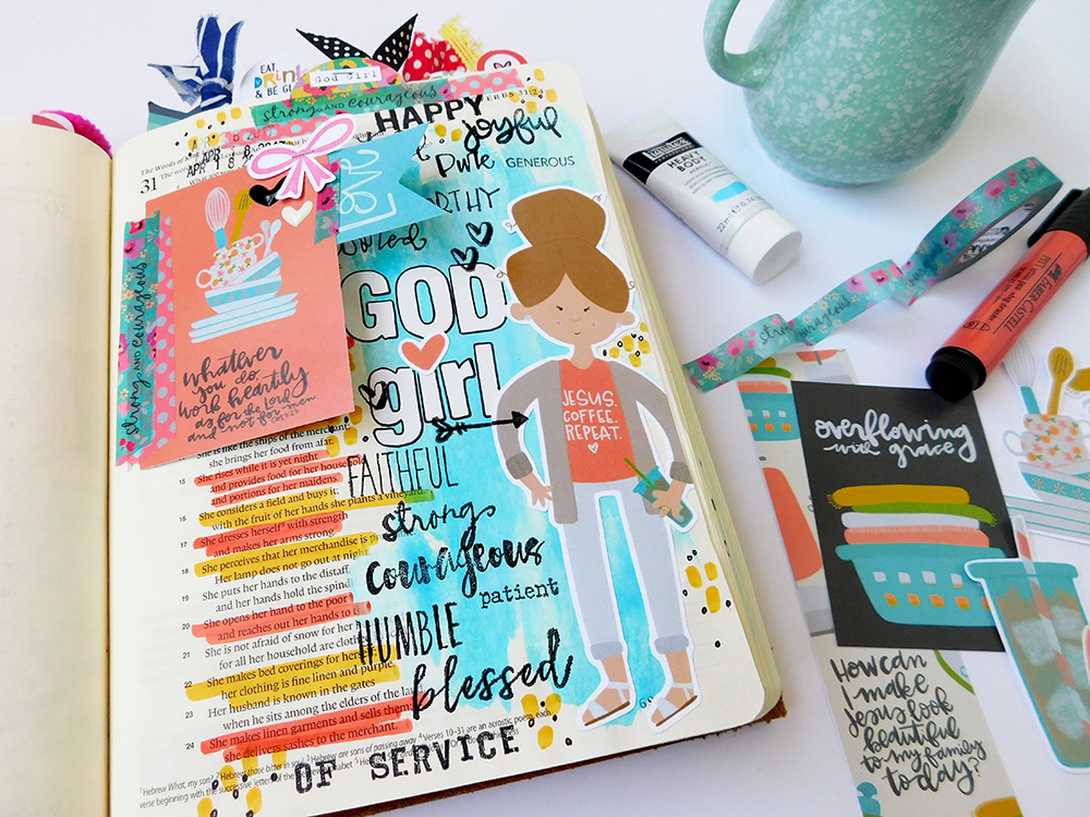 hybrid Bible journaling entry by Elaine Davis using acrylic paint and digital printables | What Makes a God Girl?: Proverbs 31