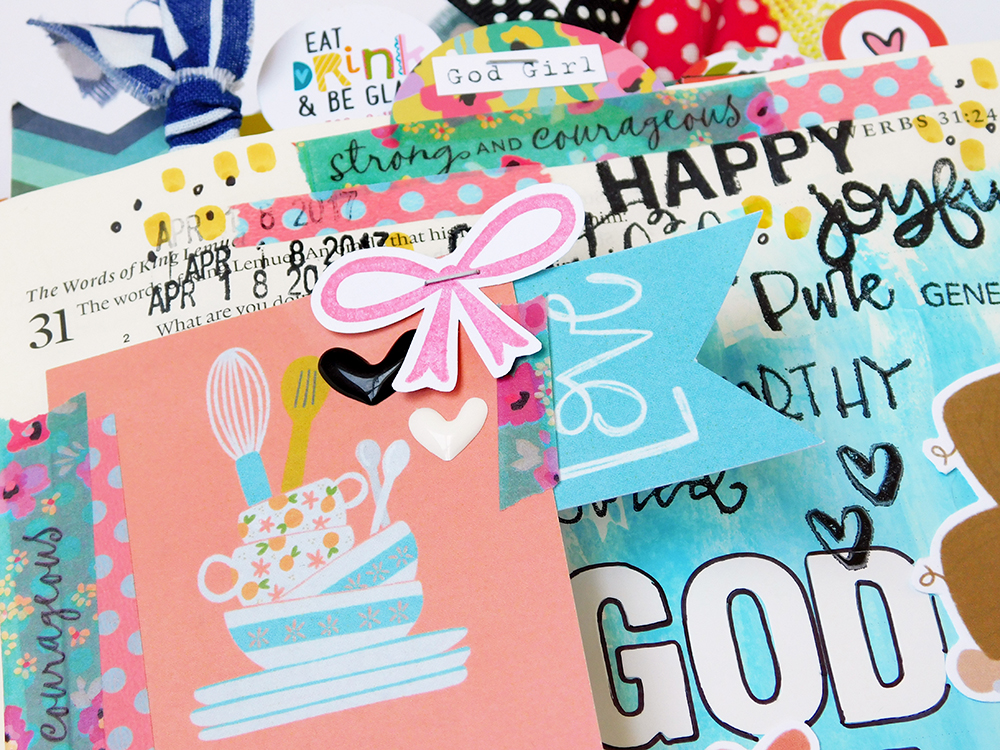 hybrid Bible journaling entry by Elaine Davis using acrylic paint and digital printables | What Makes a God Girl?: Proverbs 31