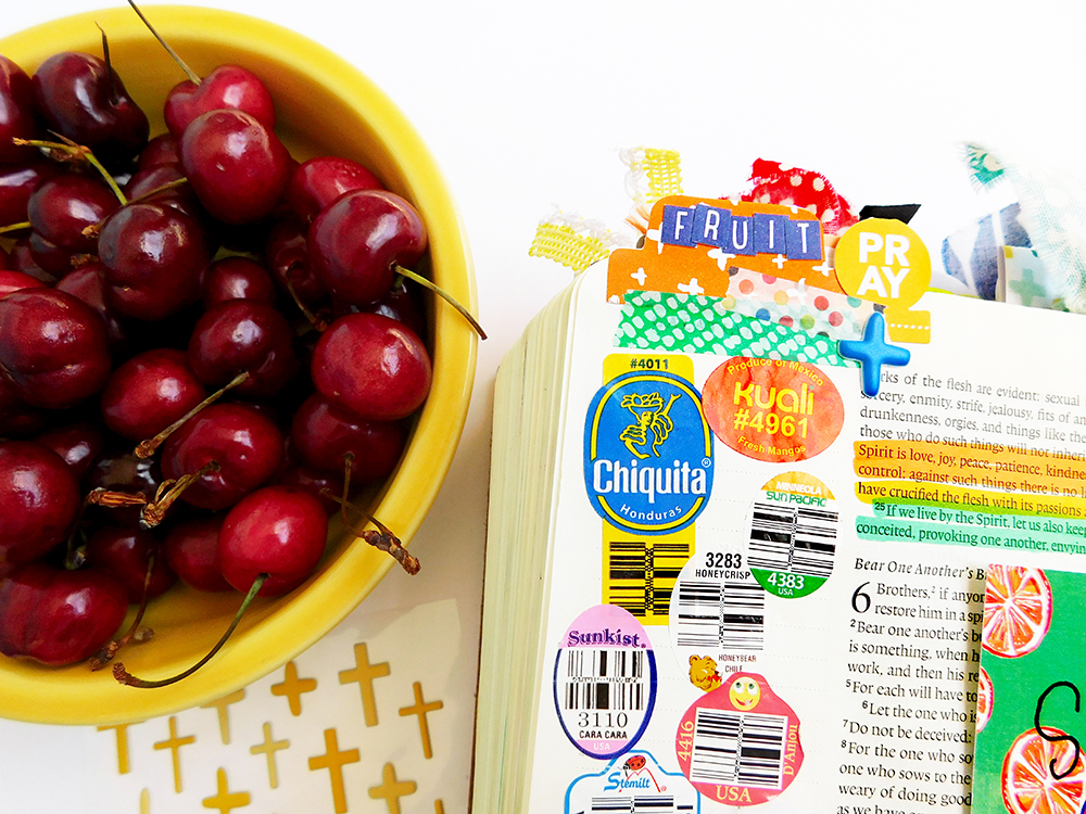 hybrid digital printable mixed media bible journaling entry by Elaine Davis | Use What You Have: Fruit Produce Stickers