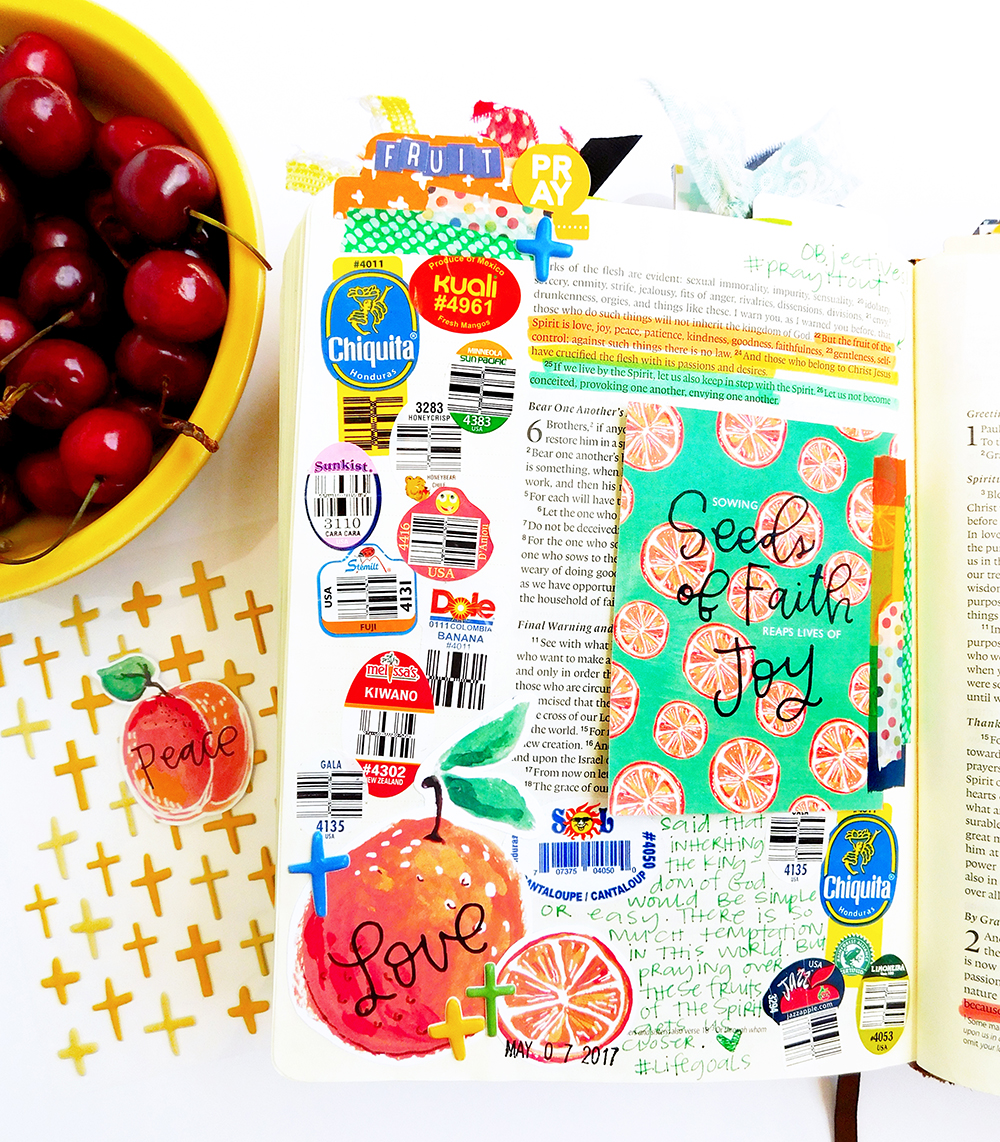 hybrid digital printable mixed media bible journaling entry by Elaine Davis | Use What You Have: Fruit Produce Stickers