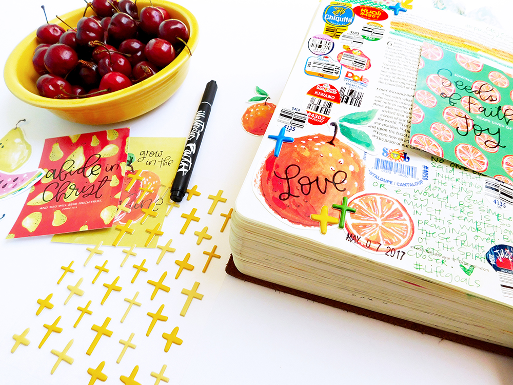 hybrid digital printable mixed media bible journaling entry by Elaine Davis | Use What You Have: Fruit Produce Stickers