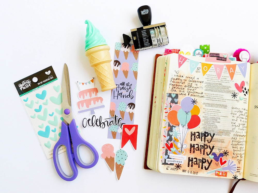 hybrid digital printable mixed media Bible journaling entry by Elaine Davis | Happy Happy Happy about God's LOVE!