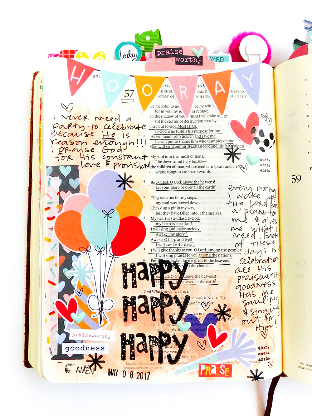 hybrid digital printable mixed media Bible journaling entry by Elaine Davis | Happy Happy Happy about God's LOVE!