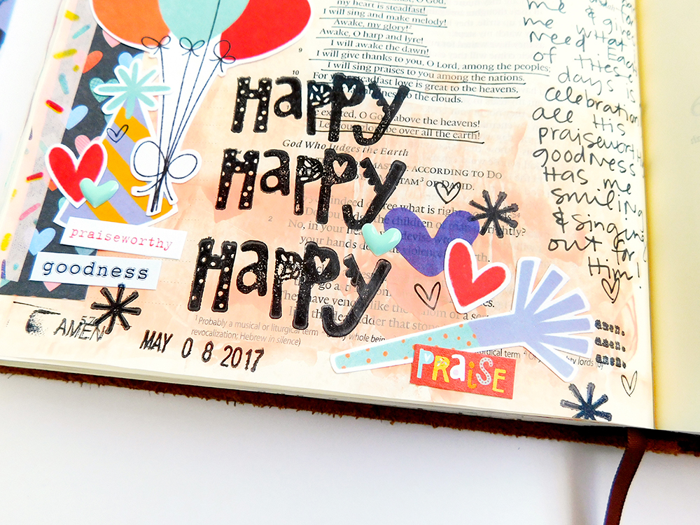 hybrid digital printable mixed media Bible journaling entry by Elaine Davis | Happy Happy Happy about God's LOVE!
