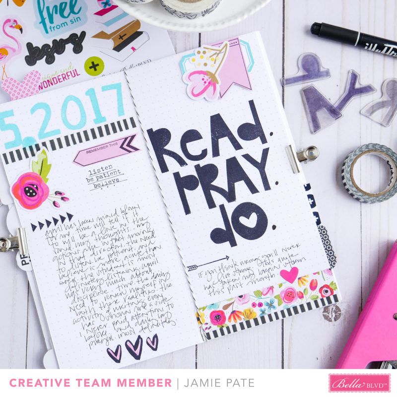 travelers notebook page by Jamie Pate using Illustrated Faith Homespun Alphabet and Numbers stamps