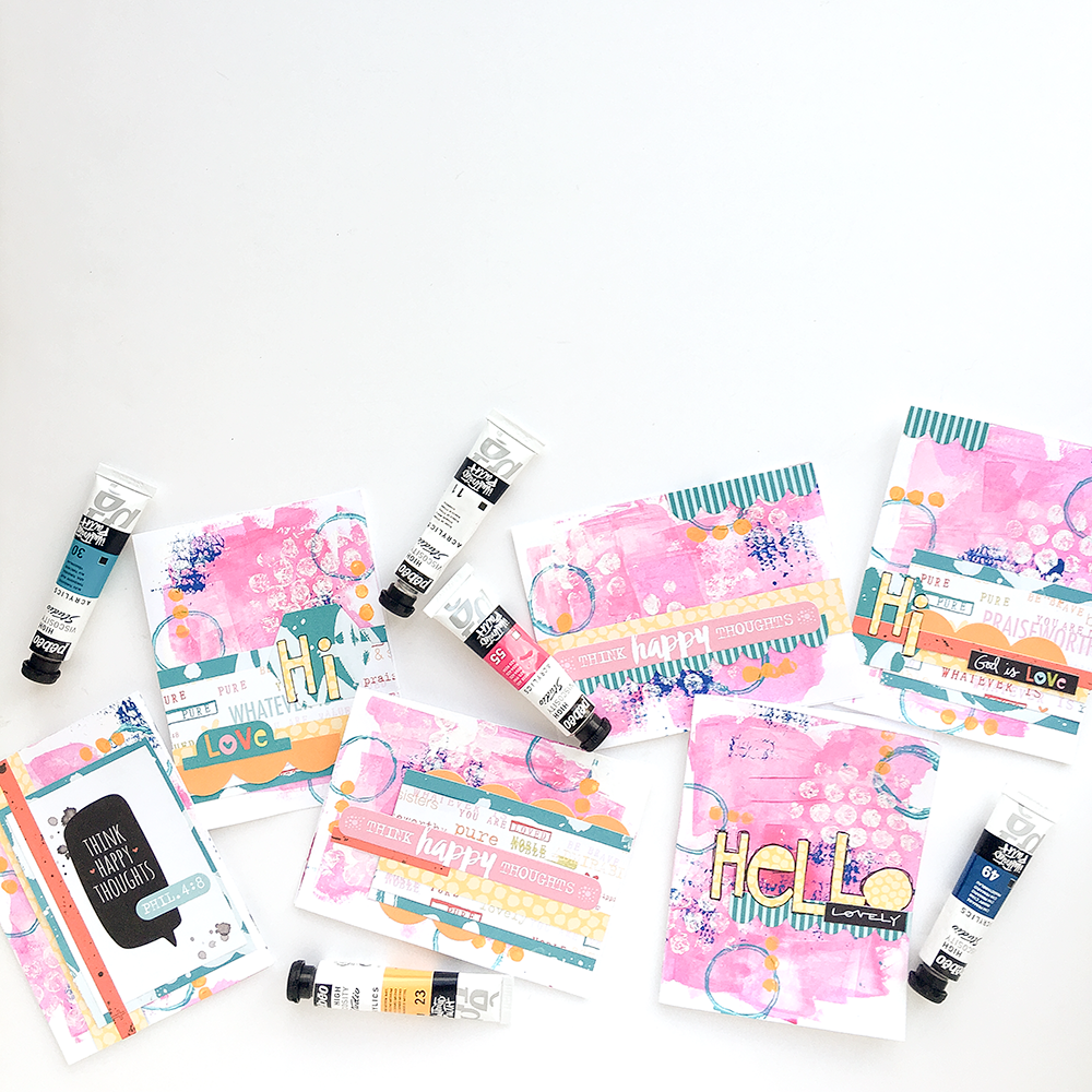 mixed media tutorial by Heather Greenwood creating faith greeting cards stamping objects found around the house | Philippians 4:8 Whatever Is Lovely Collection