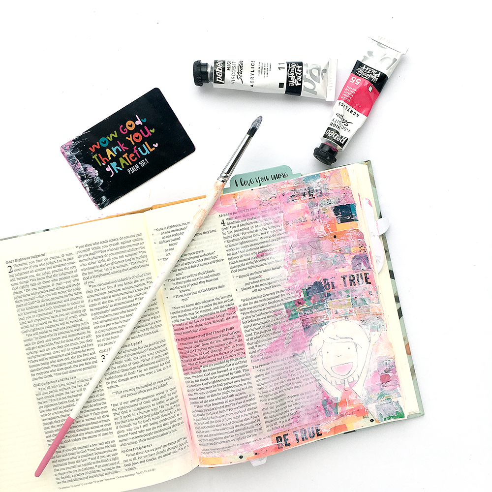 mixed media bible journaling tutorial using washi tape collage by Heather Greenwood | Romans 3:20-24 | Illustrated Faith Rise Up! devotional | Illustrated Faith Print & Pray Traceables by Brandi Kincaid