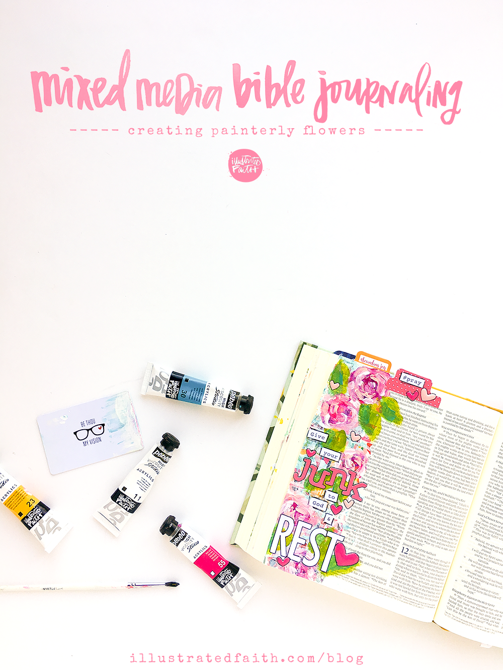 mixed media Bible journaling tutorial by Heather Greenwood | creating painterly flowers over a washi tape collage background | Illustrated Faith Persevere Devotional Kit | Matthew 11:28